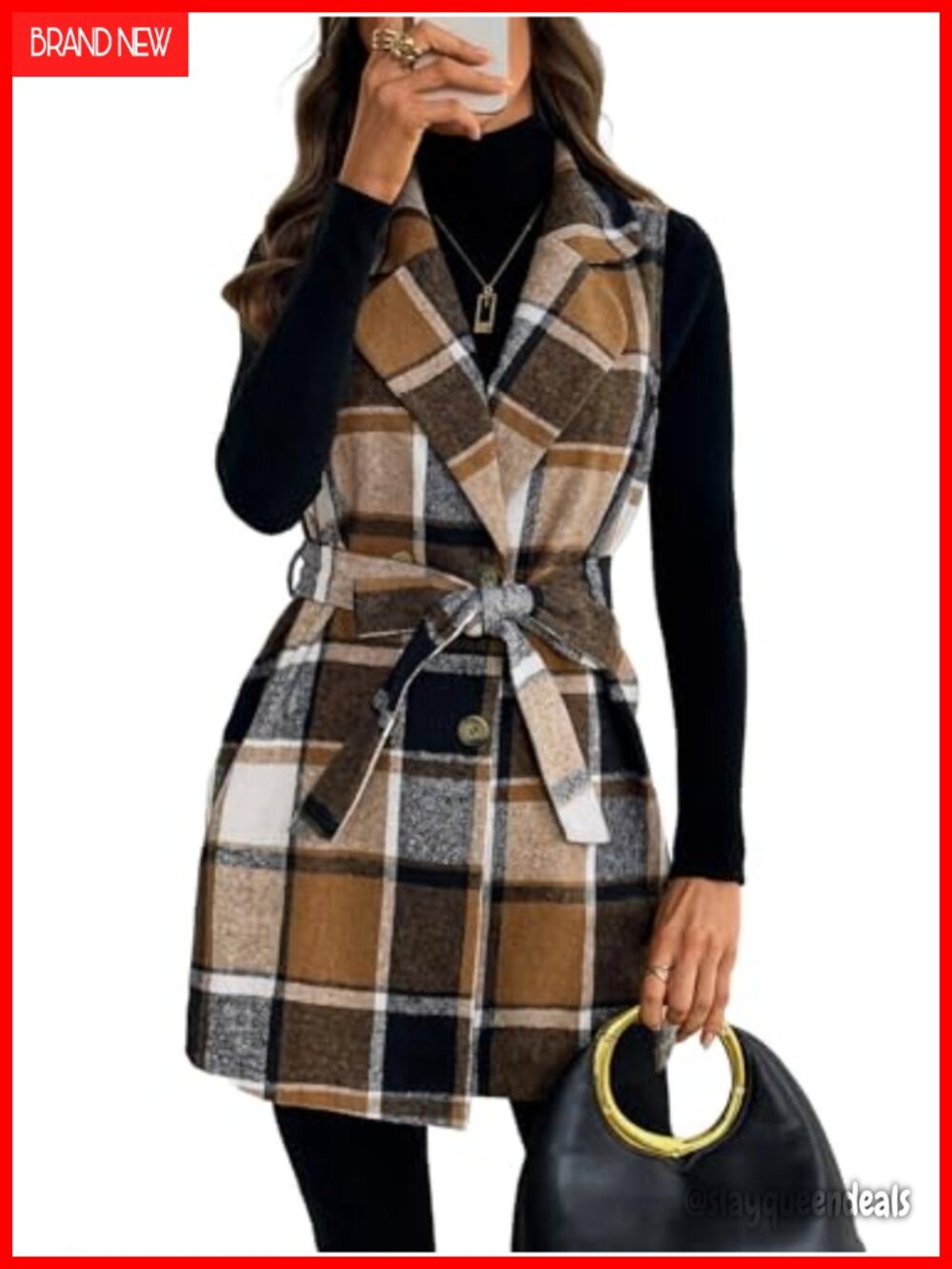 Womens Brushed Plaid Vest Sleeveless Double Breasted Waist Tie Cardigan Blazer